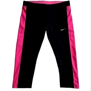 Nike Athletic Cropped Leggings Black Pink Stripe Mid Rise Stretch Medium